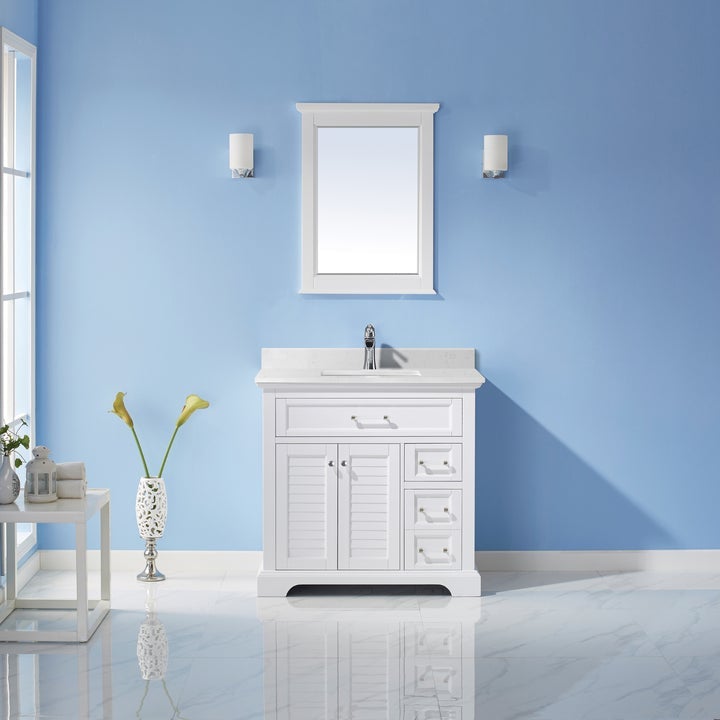 Vinnova Lorna 36" Single Vanity in White and Composite Carrara White Stone Countertop With Mirror- 783036-WH-WS - New Star Living