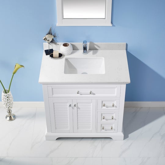Vinnova Lorna 36" Single Vanity in White and Composite Carrara White Stone Countertop With Mirror- 783036-WH-WS - New Star Living