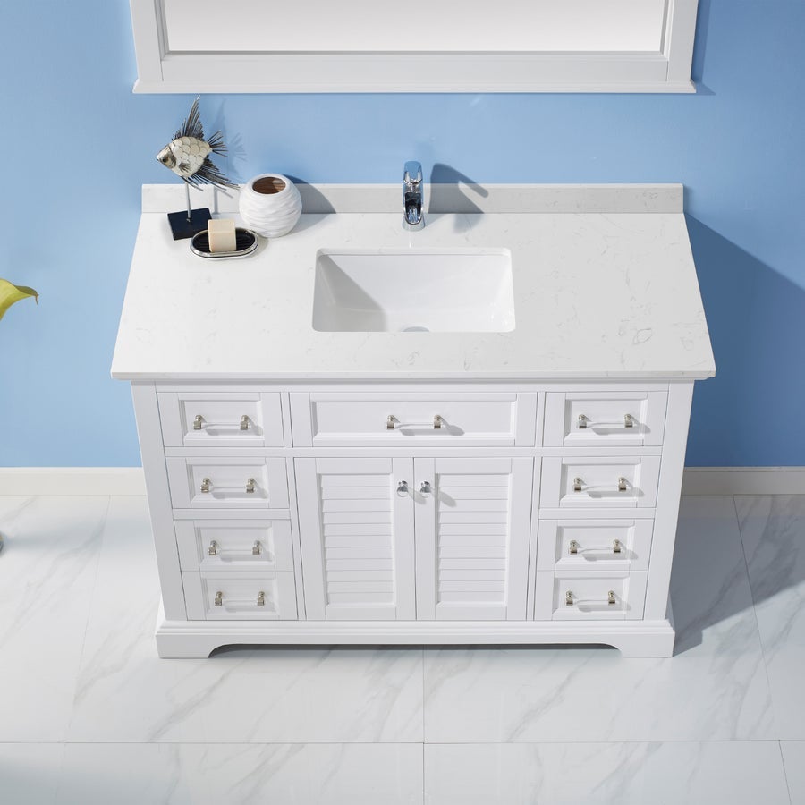 Vinnova Lorna 48" Single Vanity in White and Composite Carrara White Stone Countertop With Mirror - 783048-WH-WS - New Star Living