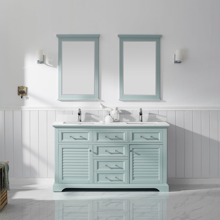 Vinnova Lorna 60" Double Vanity in Finnish Green and Composite Carrara White Stone Countertop With Mirror - 783060-WH-WS - New Star Living