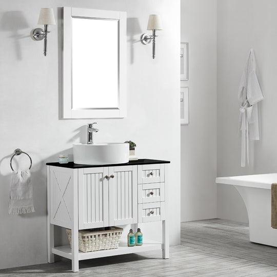 Vinnova Modena 36” Vanity in White with Glass Countertop with White Vessel Sink With Mirror - 756036-WH-BG - New Star Living