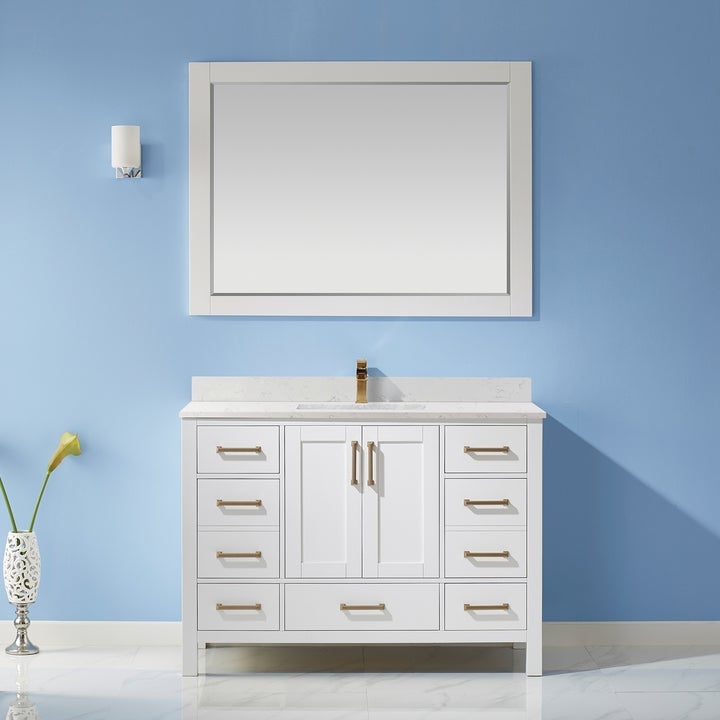 Vinnova Shannon 48" Single Vanity in White and Composite Carrara White Stone Countertop With Mirror - 785048-WH-WS - New Star Living