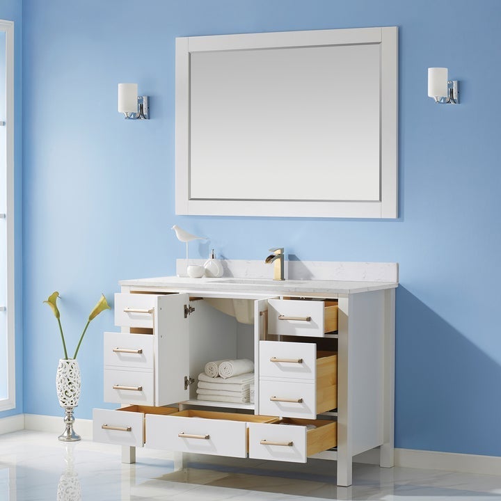 Vinnova Shannon 48" Single Vanity in White and Composite Carrara White Stone Countertop Without Mirror - 785048-WH-WS-NM - New Star Living