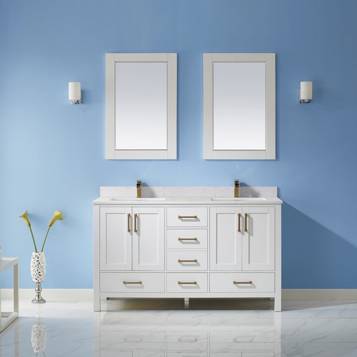 Vinnova Shannon 60" Double Vanity in White and Composite Carrara White Stone Countertop With Mirror - 785060M-WH-WS - New Star Living