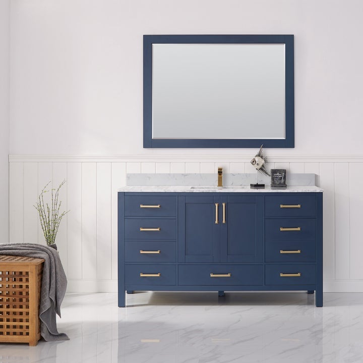 Vinnova Shannon 60" Single Vanity in Royal Blue and Composite Carrara White Stone Countertop With Mirror - 785060-RB-WS - New Star Living