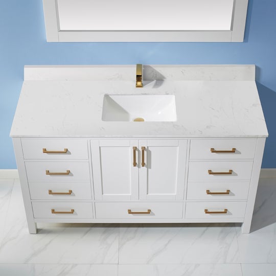 Vinnova Shannon 60" Single Vanity in White and Composite Carrara White Stone Countertop With Mirror - 785060-WH-WS - New Star Living