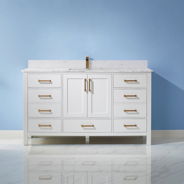 Vinnova Shannon 60" Single Vanity in White and Composite Carrara White Stone Countertop Without Mirror - 785060-WH-WS-NM - New Star Living