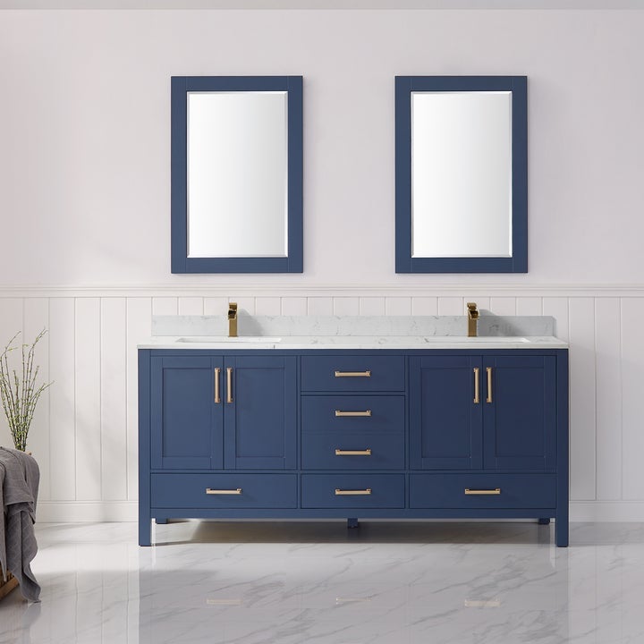 Vinnova Shannon 72" Double Vanity in Royal Blue and Composite Carrara White Stone Countertop With Mirror - 785072-RB-WS - New Star Living