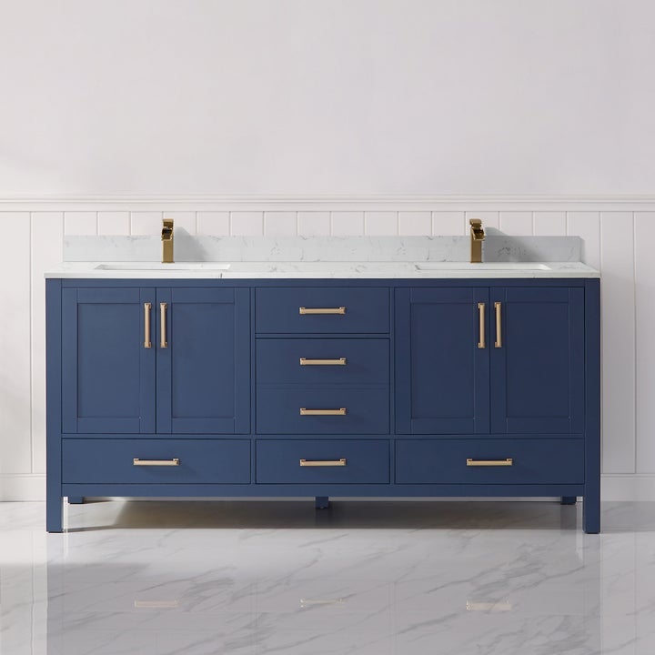 Vinnova Shannon 72" Double Vanity in Royal Blue and Composite Carrara White Stone Countertop Without Mirror - 785072-RB-WS-NM - New Star Living