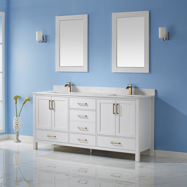 Vinnova Shannon 72" Double Vanity in White and Composite Carrara White Stone Countertop Without Mirror -785072-WH-WS-NM - New Star Living