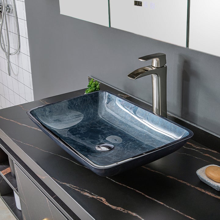 Vinnova Udine Grayish Blue Glass Rectangular Vessel Bathroom Sink without Faucet - 00122-GBS-GB - New Star Living