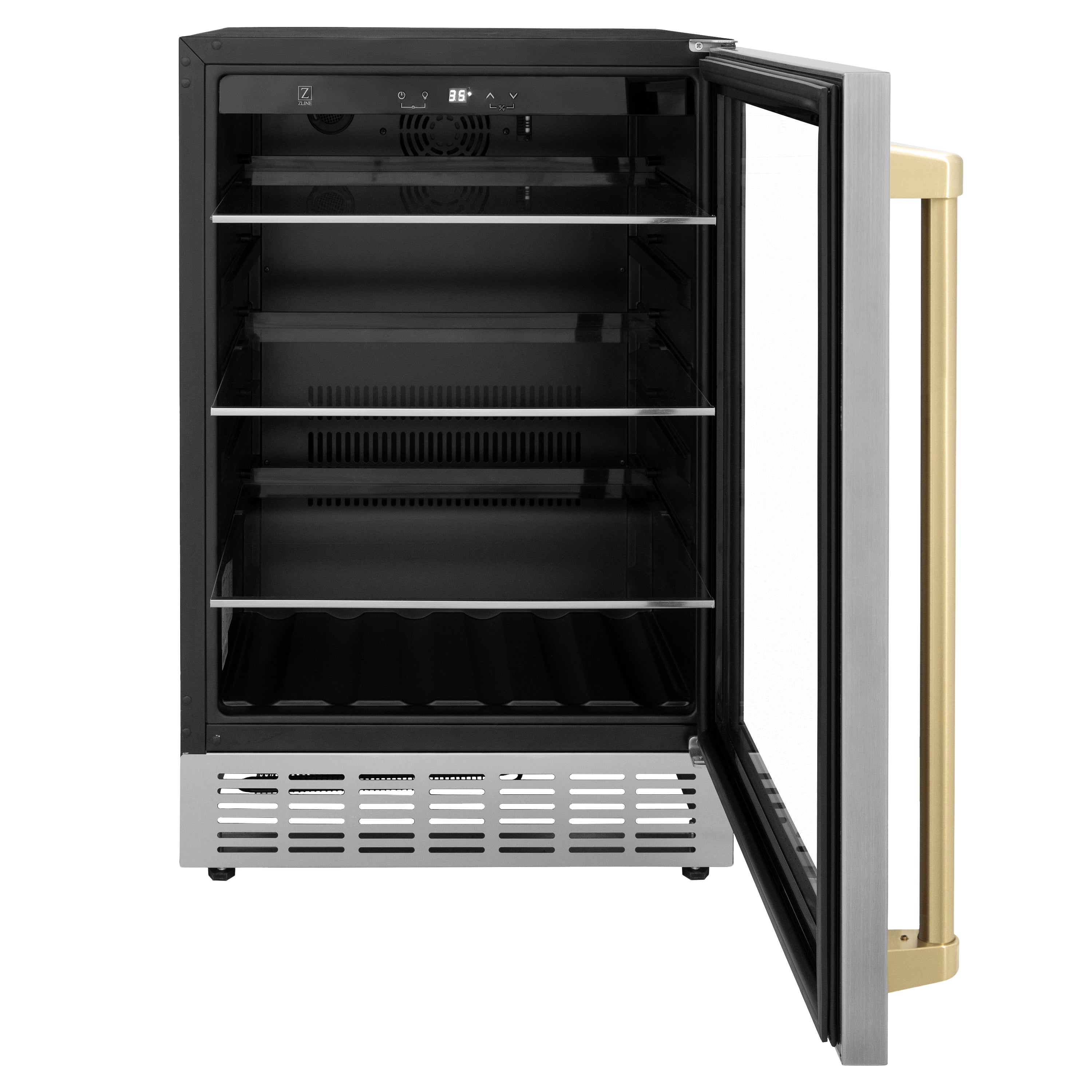 ZLINE 24" Autograph Edition 154 Can Beverage Cooler Fridge with Adjustable Shelves in Stainless Steel with Champagne Bronze Accents (RBVZ-US-24-CB) - New Star Living